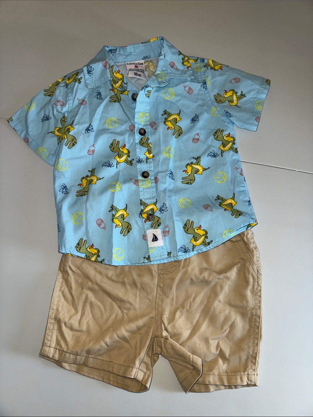 NWOT Summer Dino Button Up w/ Khaki Shorts Outfit 18 Months